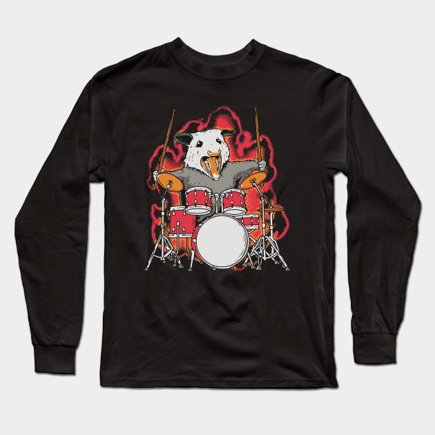 Crazy Possum playing Drums Long Sleeve T-Shirt by susanne.haewss@googlemail.com